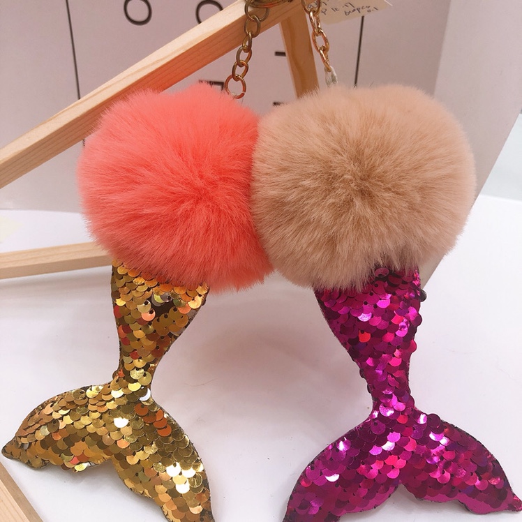 Sequins mermaid hairball fish tail package lovely key chain pendant thumbnail