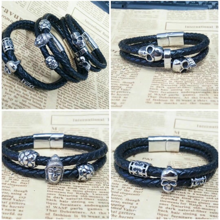 European and American trend stainless steel genuine leather bracelet skull retro woven bracelet details Picture
