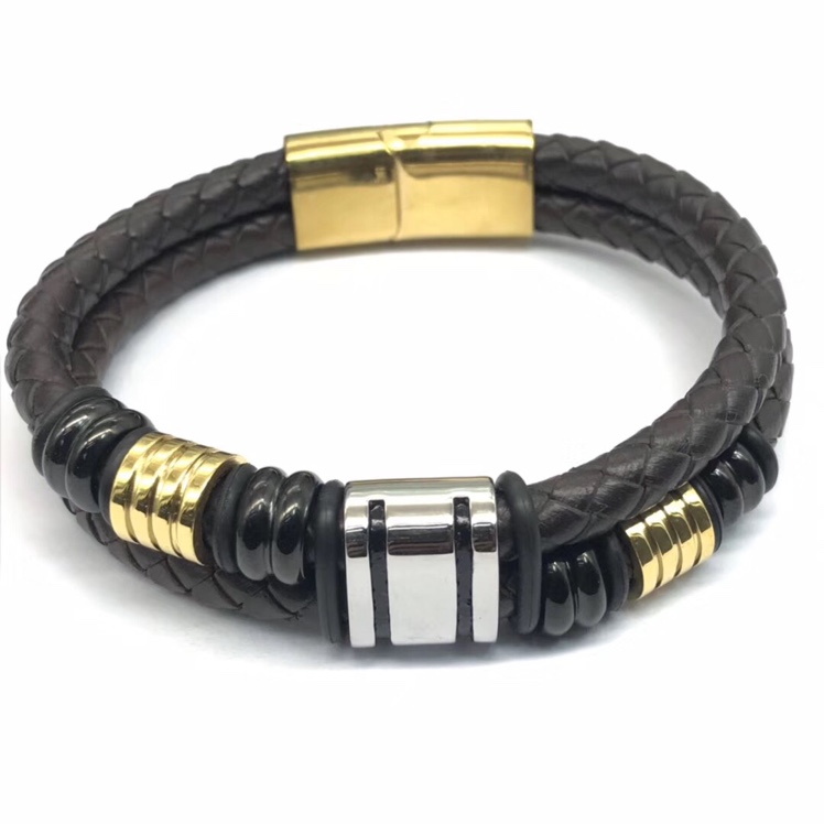 New stainless steel genuine leather men's bracelet, double-layer genuine leather woven multi-layer bracelet Item Picture