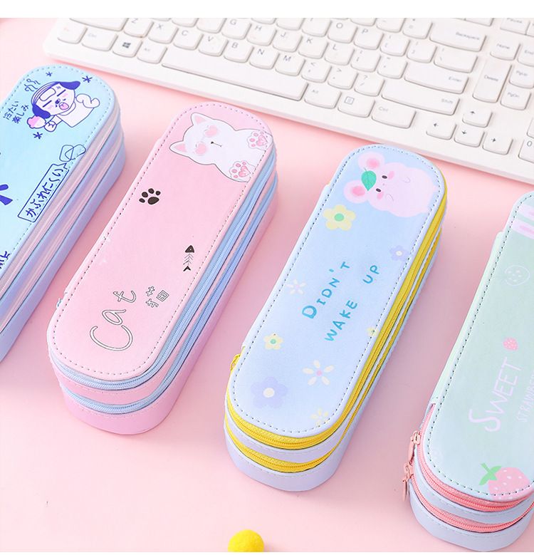 韩版笔盒简约ins大容量PU双层笔袋初中小学男女生文具盒