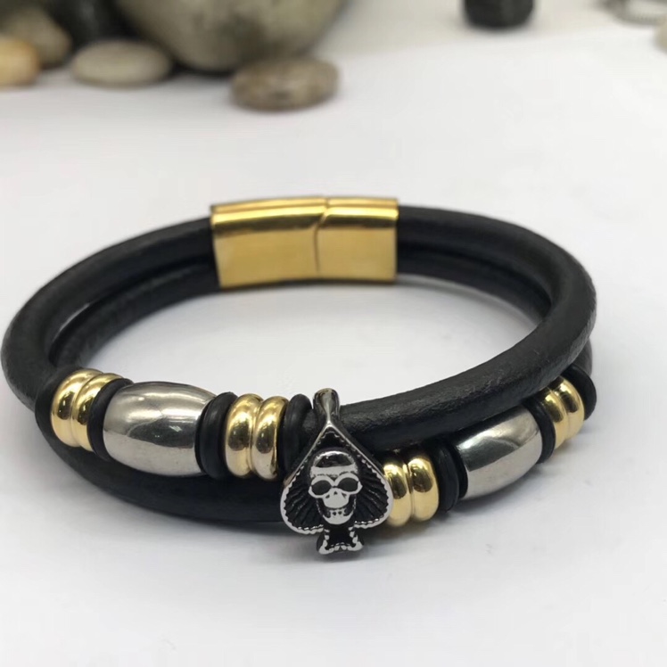 New stainless steel genuine leather men's bracelet, double-layer genuine leather woven multi-layer bracelet details Picture
