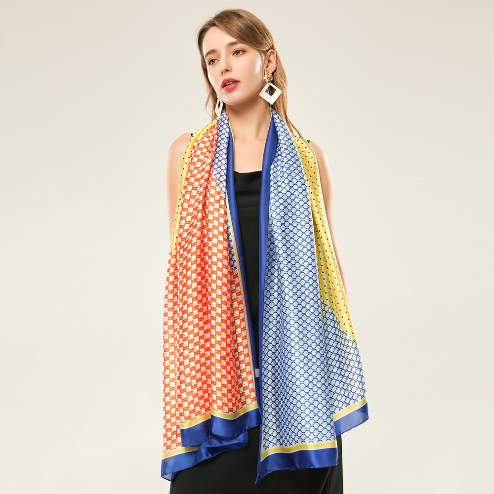 Silk satin triangular geometric spliced women's scarves, extra-large and long styles, spring and autumn scarves are in stock and selling well Application Scenario