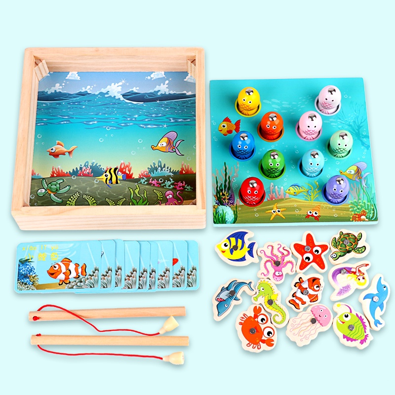 The wooden educational toy Ocean World fishing game is highly entertaining and colorful. It can cultivate logical thinking ability and exercise hand-eye coordination. It is a parent-child game for early education and enlightenment training Specification image