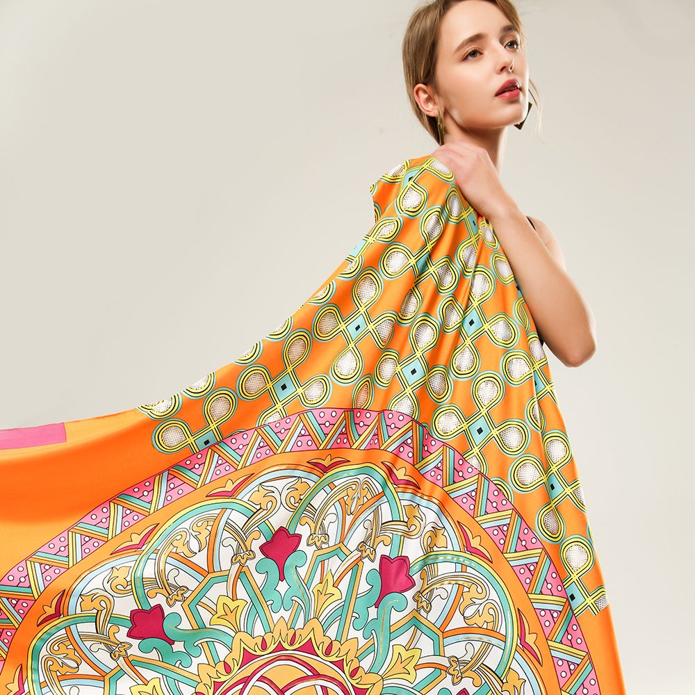 Manufacturers Cross-Border Twill Silk At First Sight Printed Ladies Large Square Scarf Multifunctional Headscarf Spot Wholesale Scarf Application Scenario