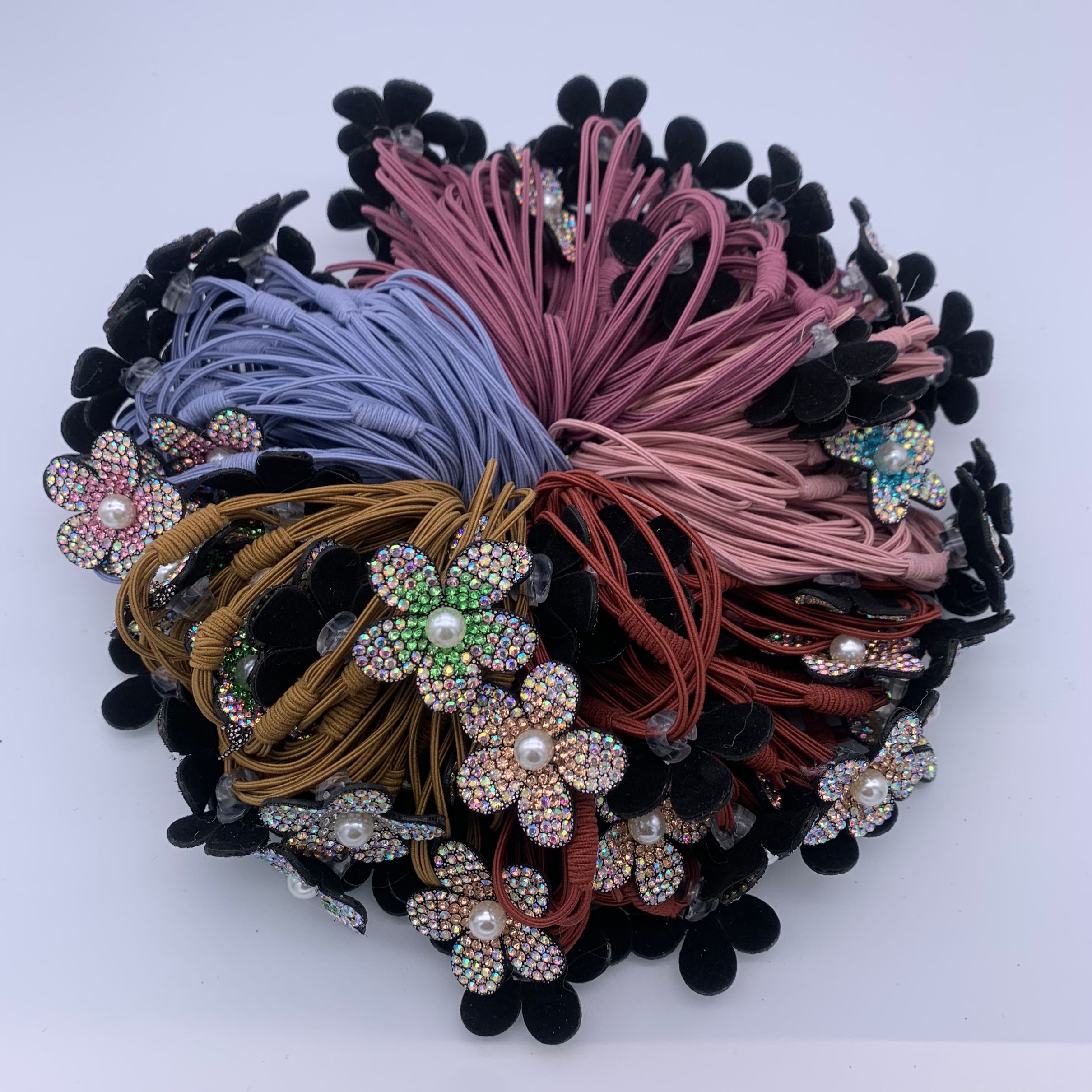 热销韩版高弹皮筋穿扣粘软皮点钻星星花朵 网红头饰少女发绳