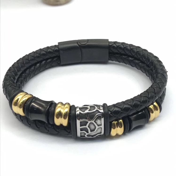 New stainless steel genuine leather men's bracelet, double-layer genuine leather woven multi-layer bracelet Specification image