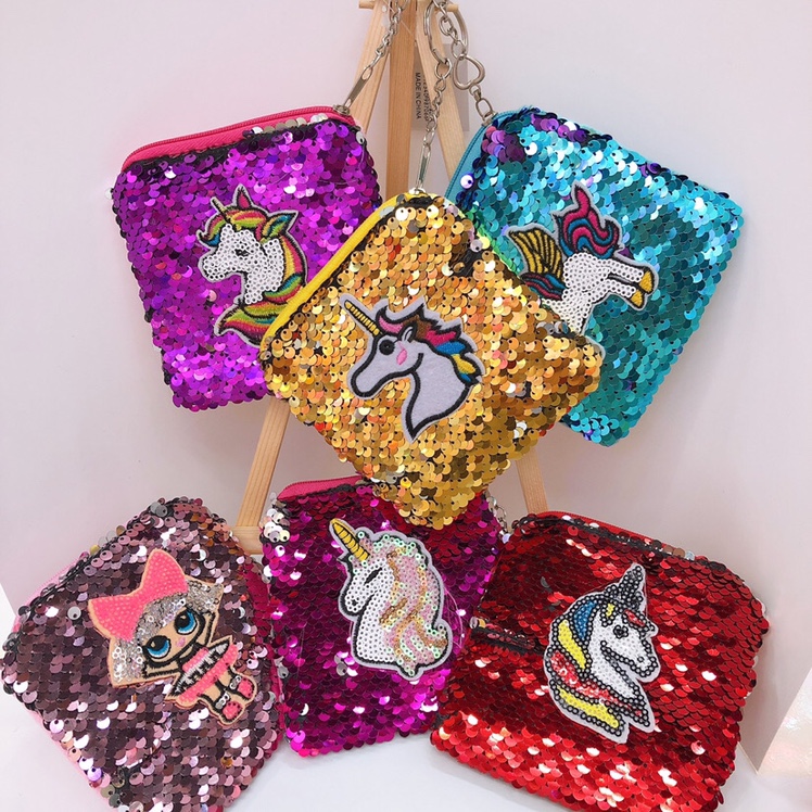 Square cover sequin cartoon unicorn patch mini zero wallet X details Picture