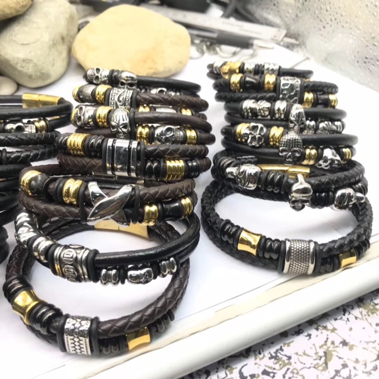 New stainless steel genuine leather men's bracelet, double-layer genuine leather woven multi-layer bracelet undefined