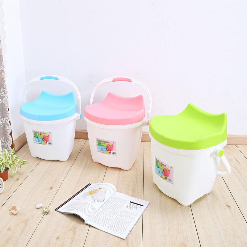 Direct-sale plastic water buckets with LIDS, thickened, can be carried and used for bathing, children's seat buckets and stools, household toys and snack storage buckets Specification drawing