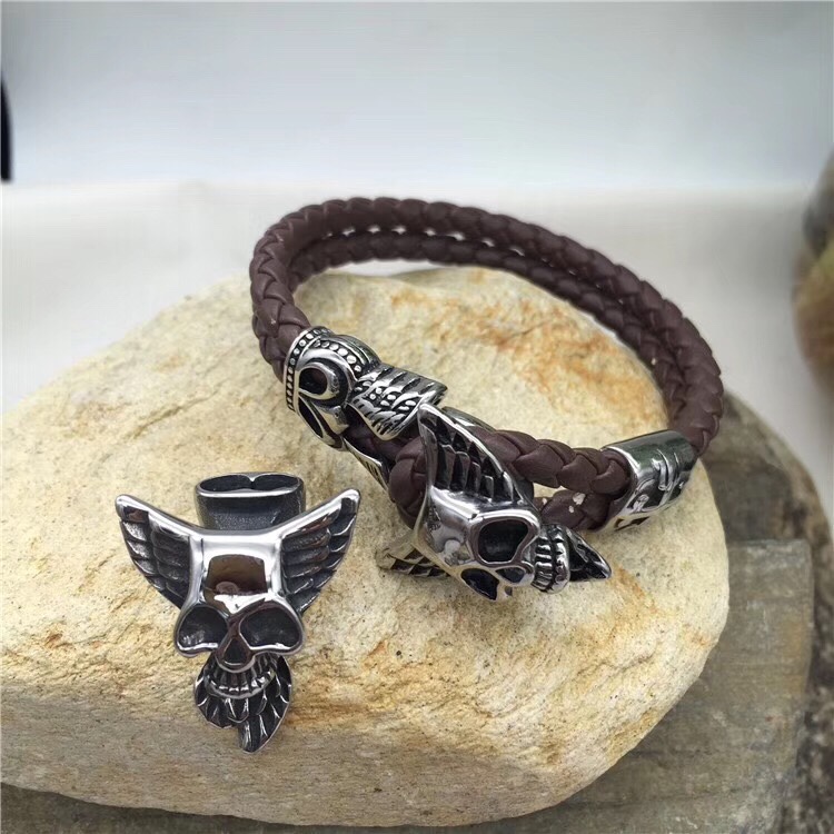 Black cowhide men's double-layer stainless steel genuine leather woven bracelet for men and women