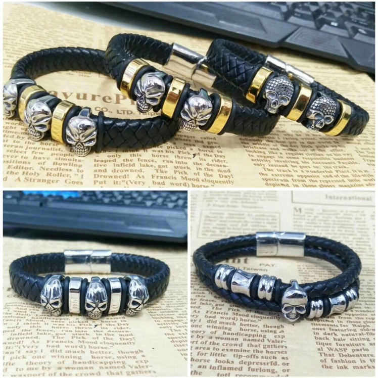 European and American trend stainless steel genuine leather bracelet skull retro woven bracelet