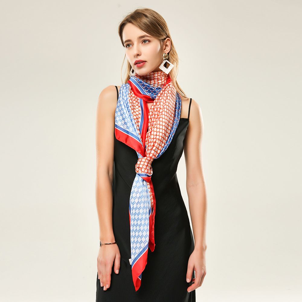 Silk satin triangular geometric spliced women's scarves, extra-large and long styles, spring and autumn scarves are in stock and selling well details Picture