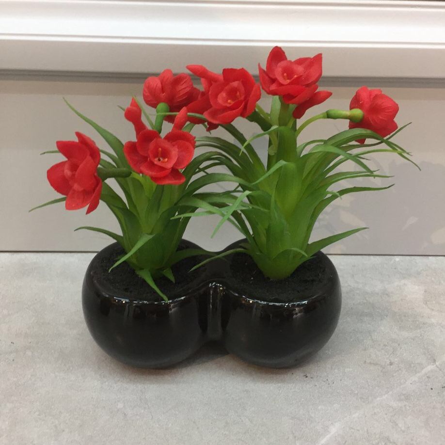 【远念花行】仿真精致盆景 手感小植物黑陶双联杯产品图