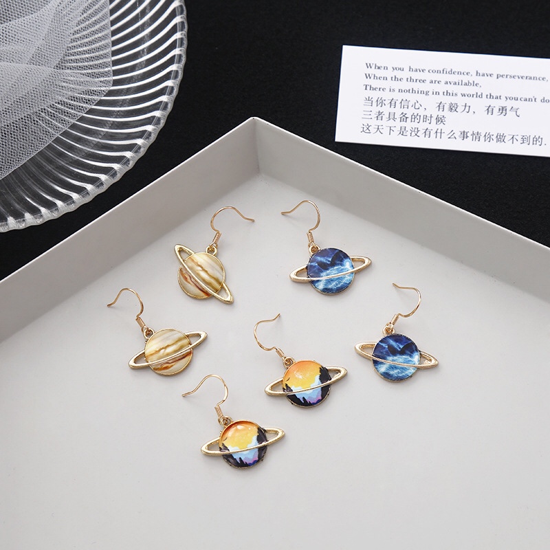 S925 Tremella hook original personalized design Saturn earrings universe blue planet earrings sky earrings female
