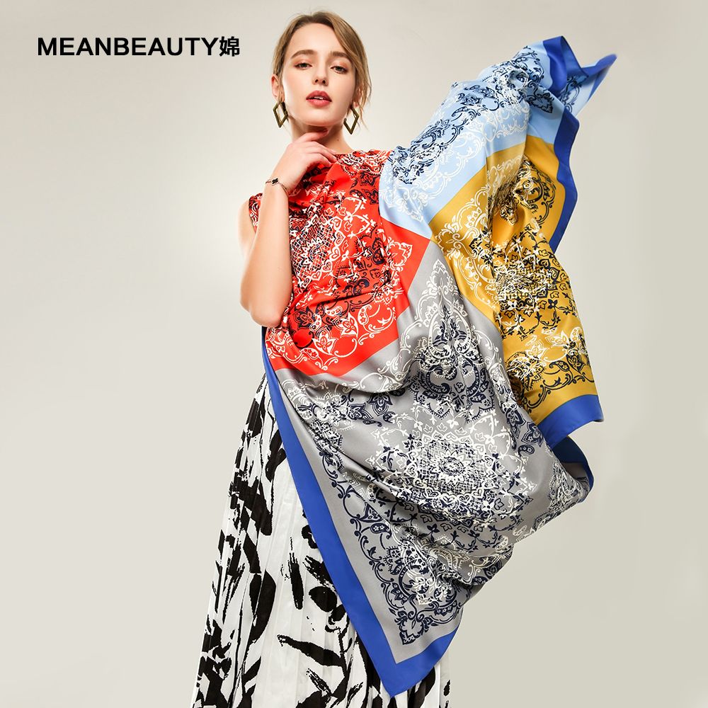 New Source Of Four Pieces Of Blue And White Porcelain Pattern Lady Large Square Scarf Twill Silk Printed Material Lady Scarf