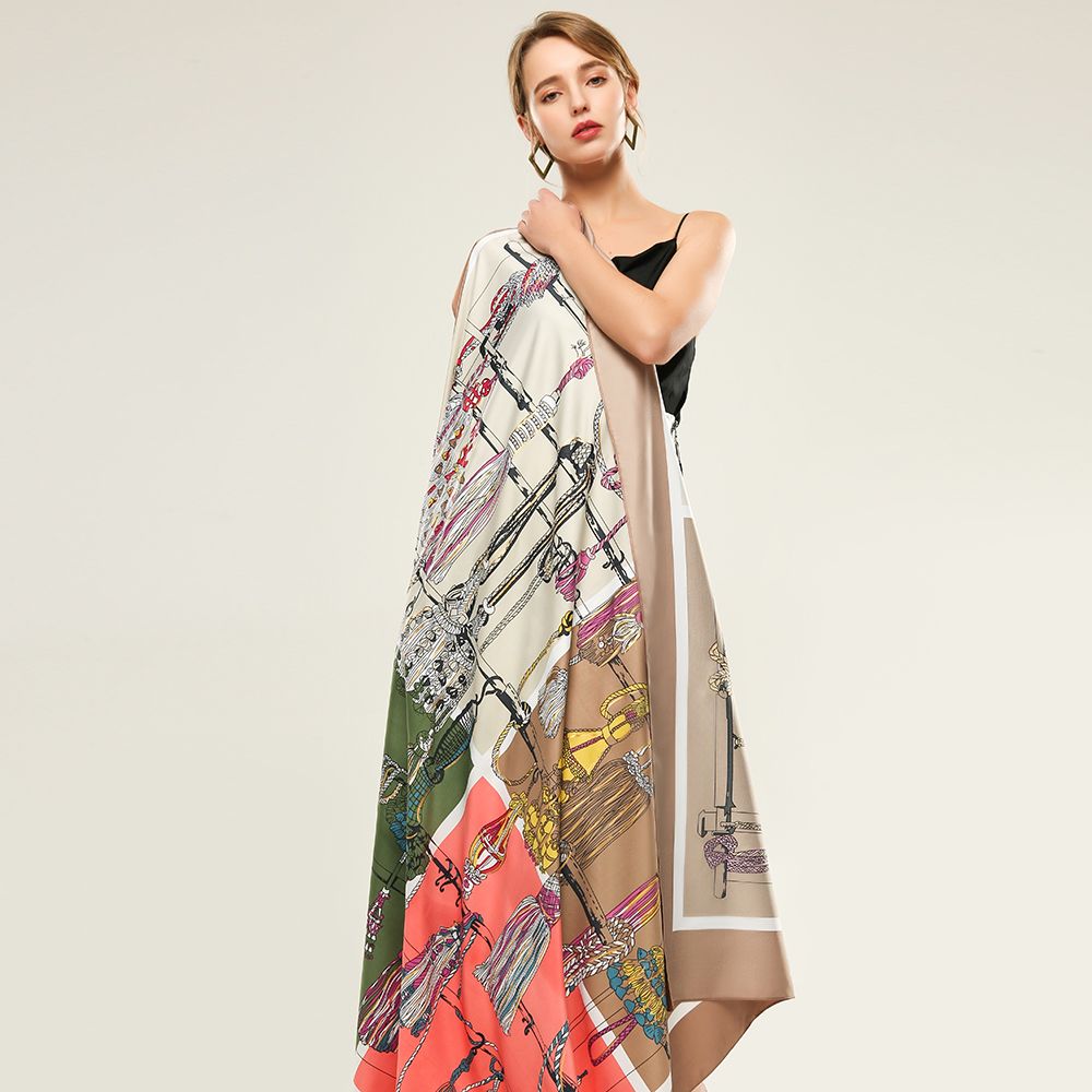 Origin Goods Twill Silk Hot Gold Beard Pattern Large Square Scarf Women Spring And Autumn Outdoor All Matching Style Scarf Specification drawing