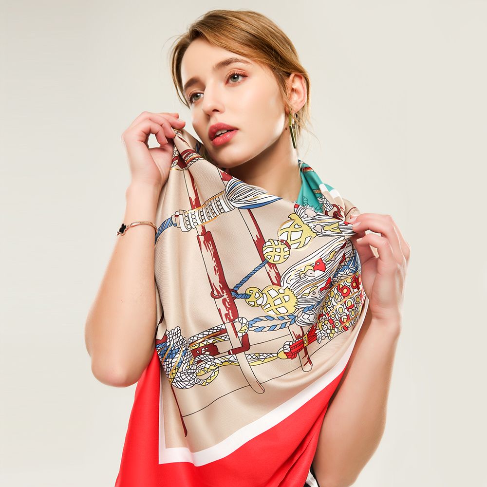 Origin Goods Twill Silk Hot Gold Beard Pattern Large Square Scarf Women Spring And Autumn Outdoor All Matching Style Scarf details Picture