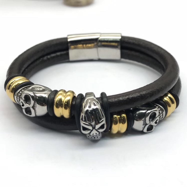 New stainless steel genuine leather men's bracelet, double-layer genuine leather woven multi-layer bracelet
