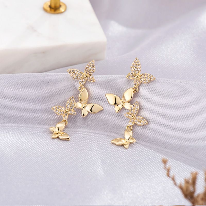 潮界ins风蝴蝶锆石流苏耳环小巧轻奢高级感镀14K耳钉耳饰S925银针时代美首饰