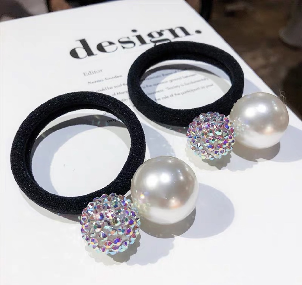 Korean pearl rhinestone hair ring thumbnail