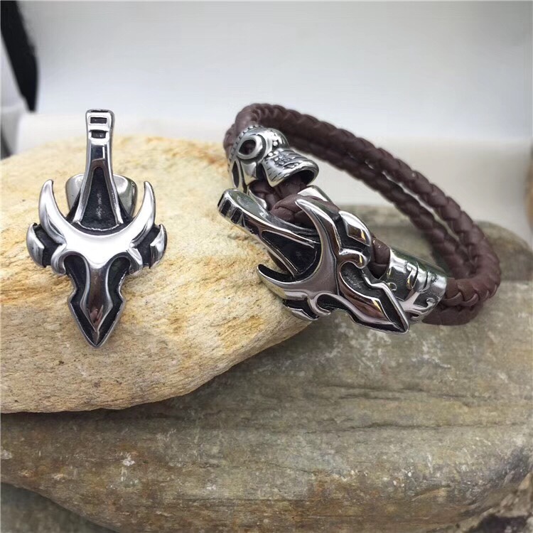 Black cowhide men's double-layer stainless steel genuine leather woven bracelet for men and women details Picture