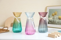 双色玻璃花瓶带丝带批发玻璃花瓶透明彩色插花客厅桌面摆件竖纹干花花瓶创意现代简约 