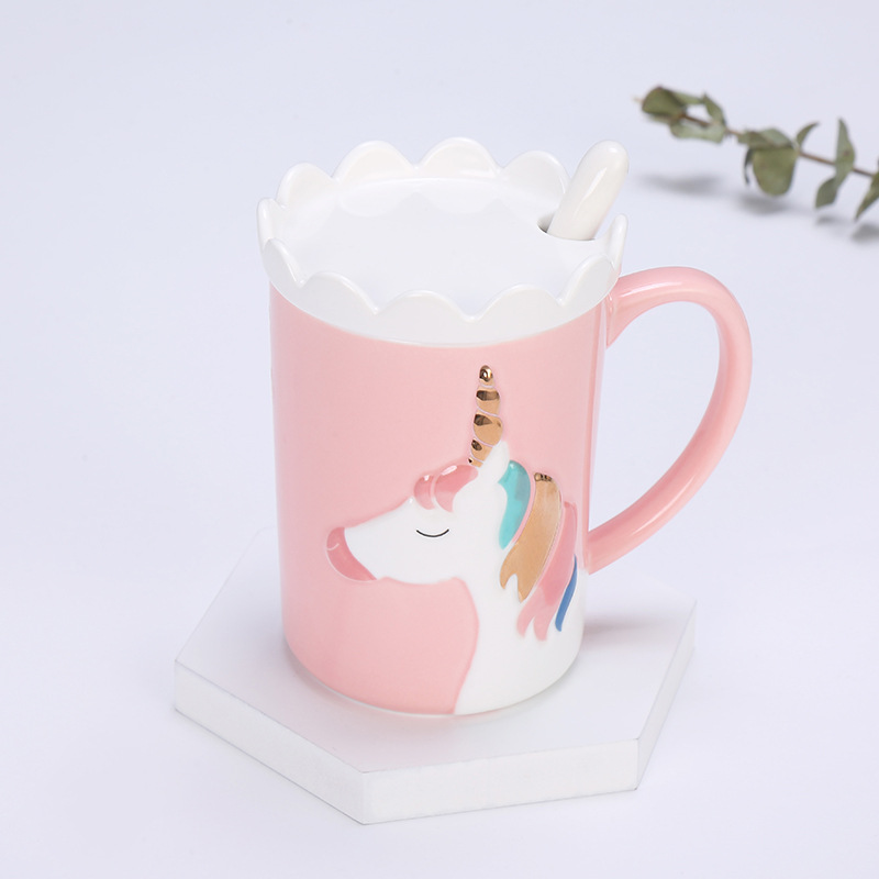 New creative cartoon mugs with spoon LIDS, ceramic coffee cups, cute office household water cups, custom wholesale details Picture
