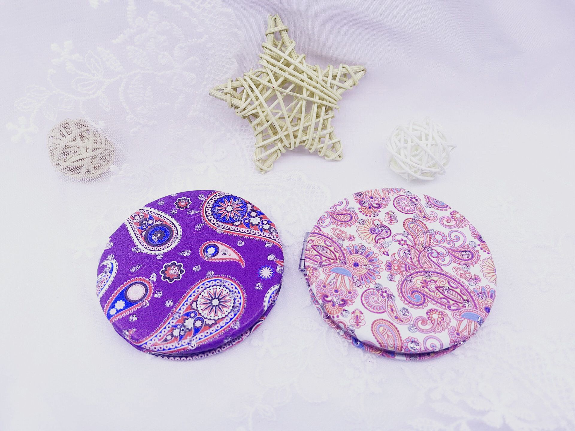 双面皮革带钻化妆镜腰果花镜子随身时尚化妆镜便携折叠圆镜