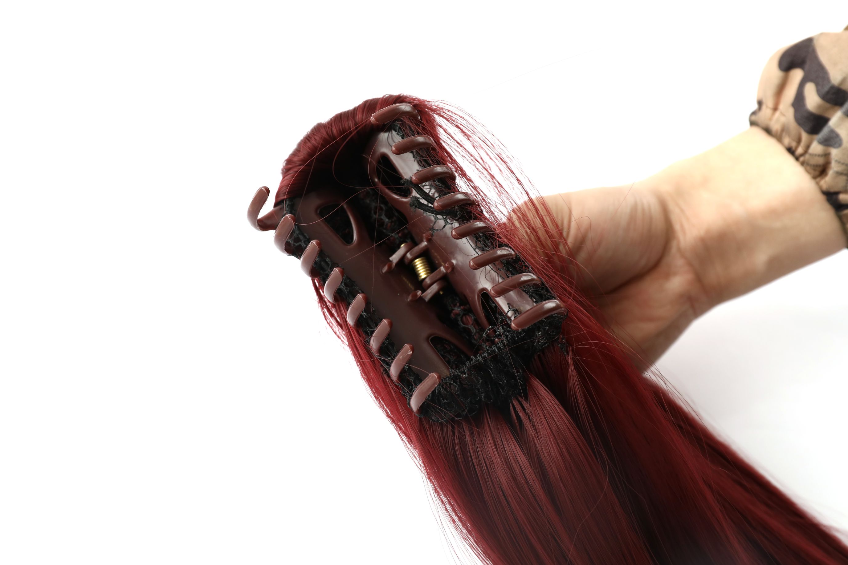 Pinza cola de caballo largo cabello recto color café details Picture