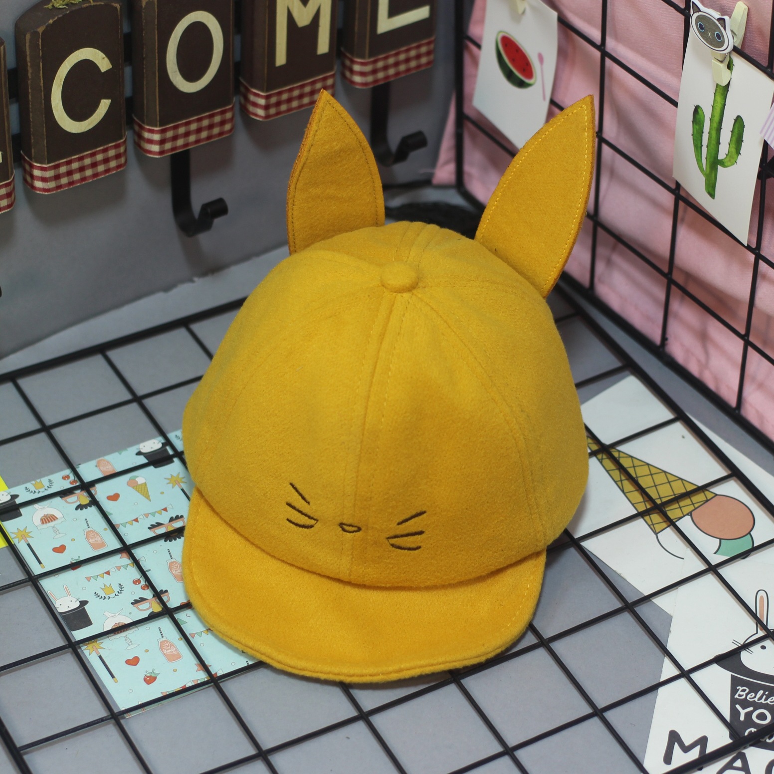 义乌好货 新款韩版百搭儿童毛呢猫咪鸭舌帽男女宝宝礼帽帽子详情图2