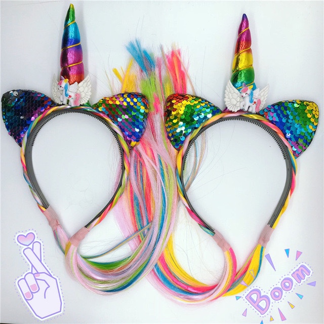 Cross-border children's wigs, hair clips, seven-color bright silk hair clips, headwear, horned horse hair bands details Picture