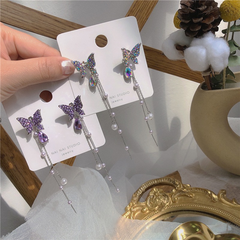 A pair of earrings ~S925 sterling silver needle tassel earrings lady vintage purple butterfly earrings harbour wind earrings thumbnail