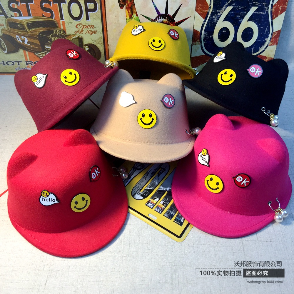 义乌好货 儿童贴标字母笑脸秋冬毛呢帽铁环珍珠宝宝时尚爵士帽详情图2