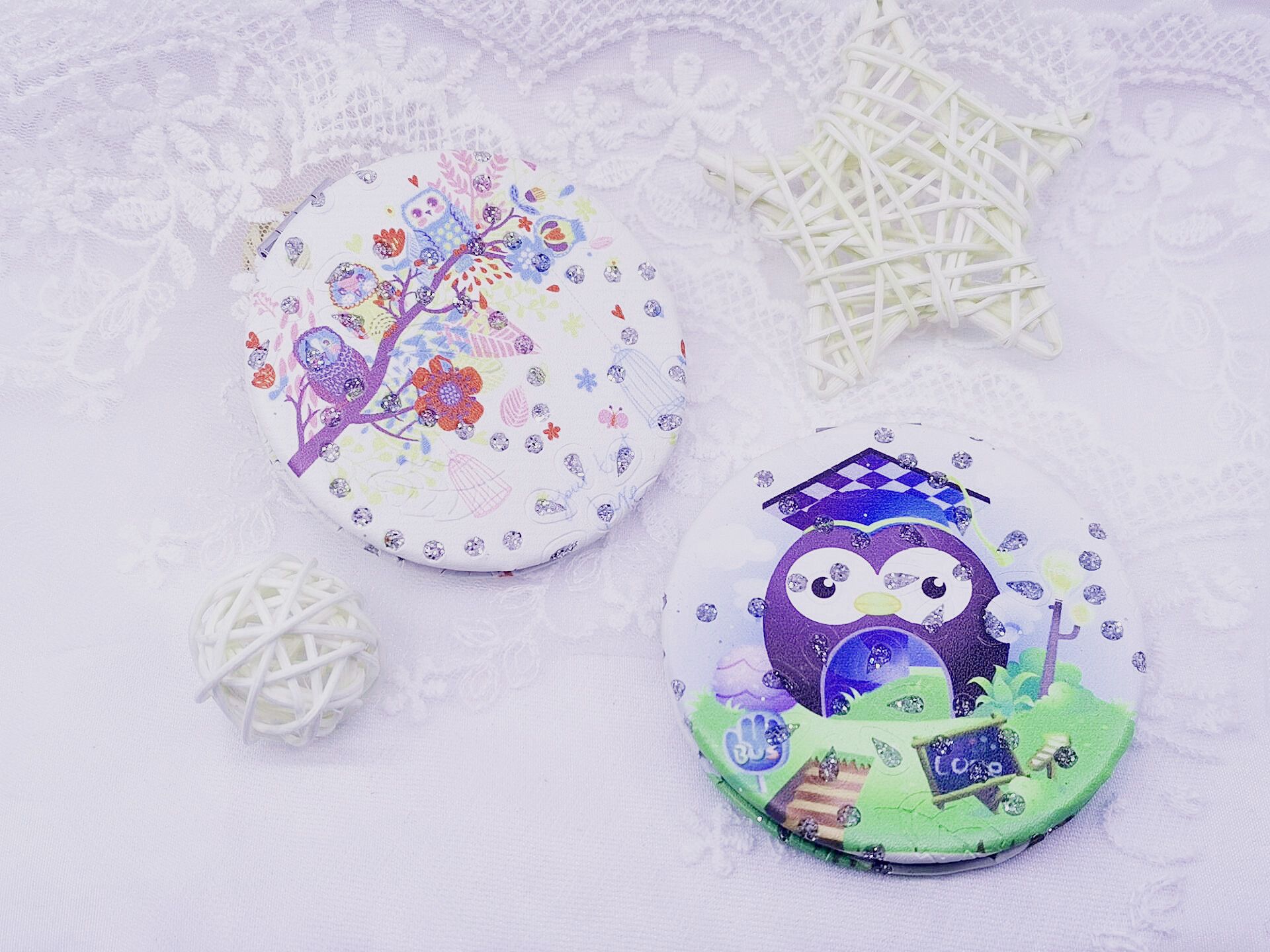 双面皮革带钻化妆镜猫头鹰系列镜随身时尚化妆镜便携折叠圆镜