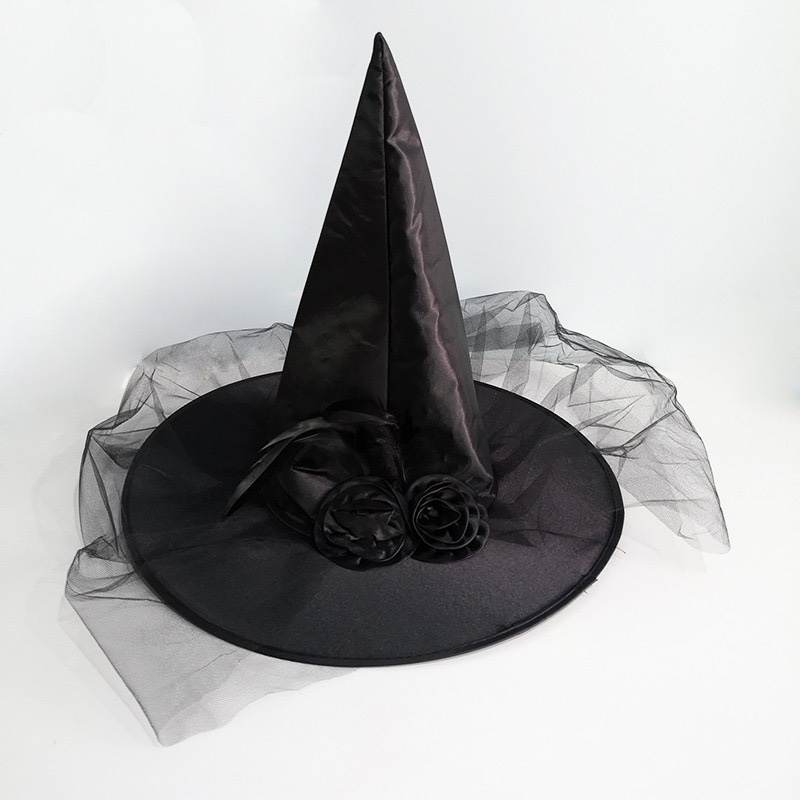 Halloween witch hat, adult masquerade party costume, feather rose, pointed witch hat, pumpkin hat props Item Picture