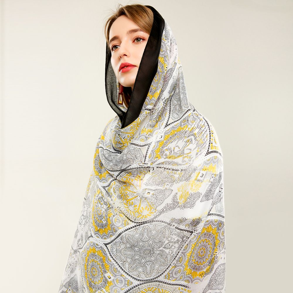 Foreign Trade Custom Palace Flower Hanging Beard Satin Printed Scarf Selling Fashion Pattern Scarf Scarf Application Scenario