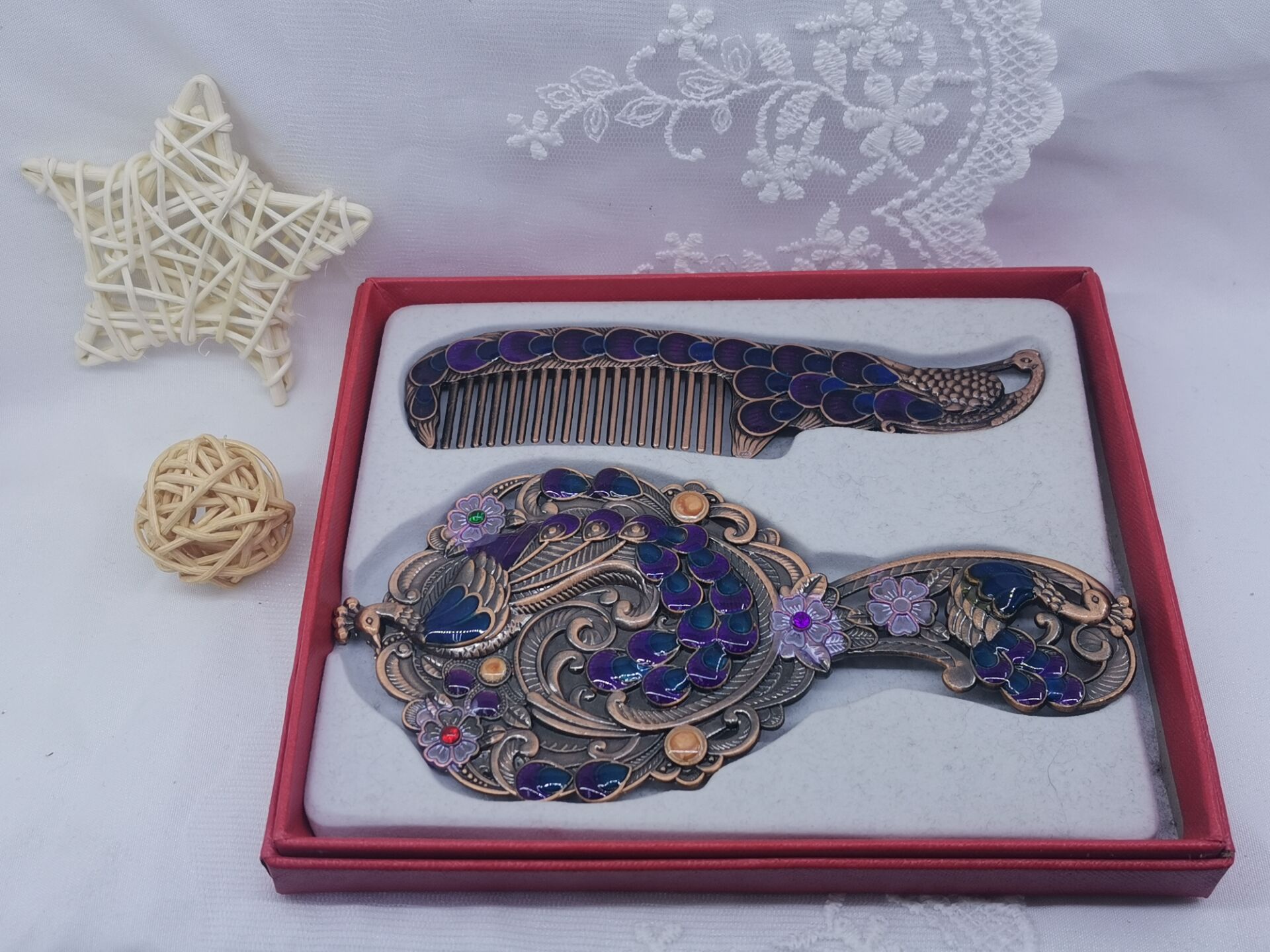 创意新款复古便携梳子镜公主镜双面孔雀折叠补妆手柄小镜子套镜