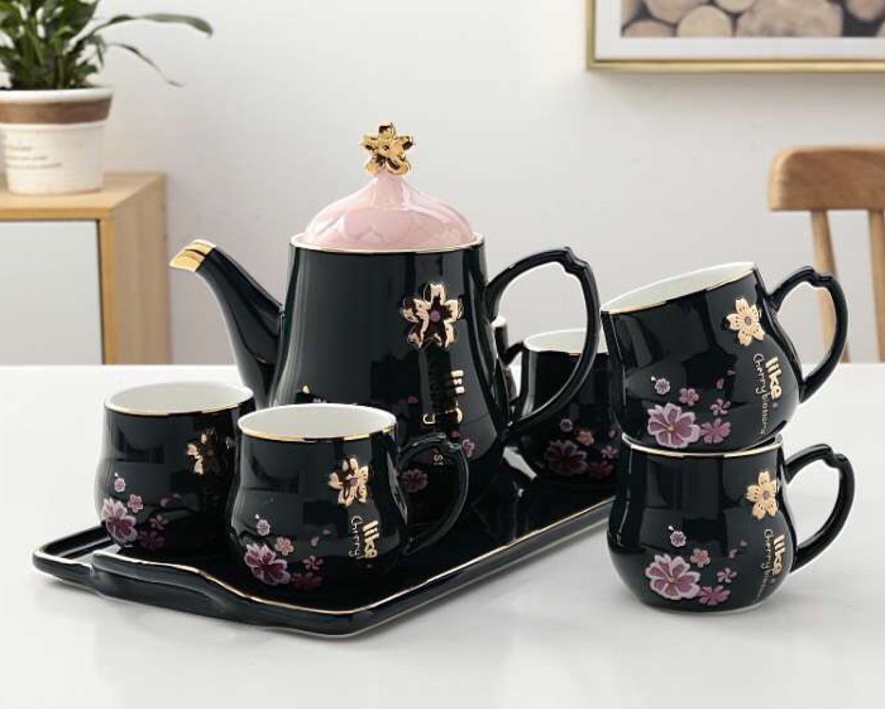 紫星陶瓷商行D区三楼3街7949店黑色樱花8头茶具紫星030