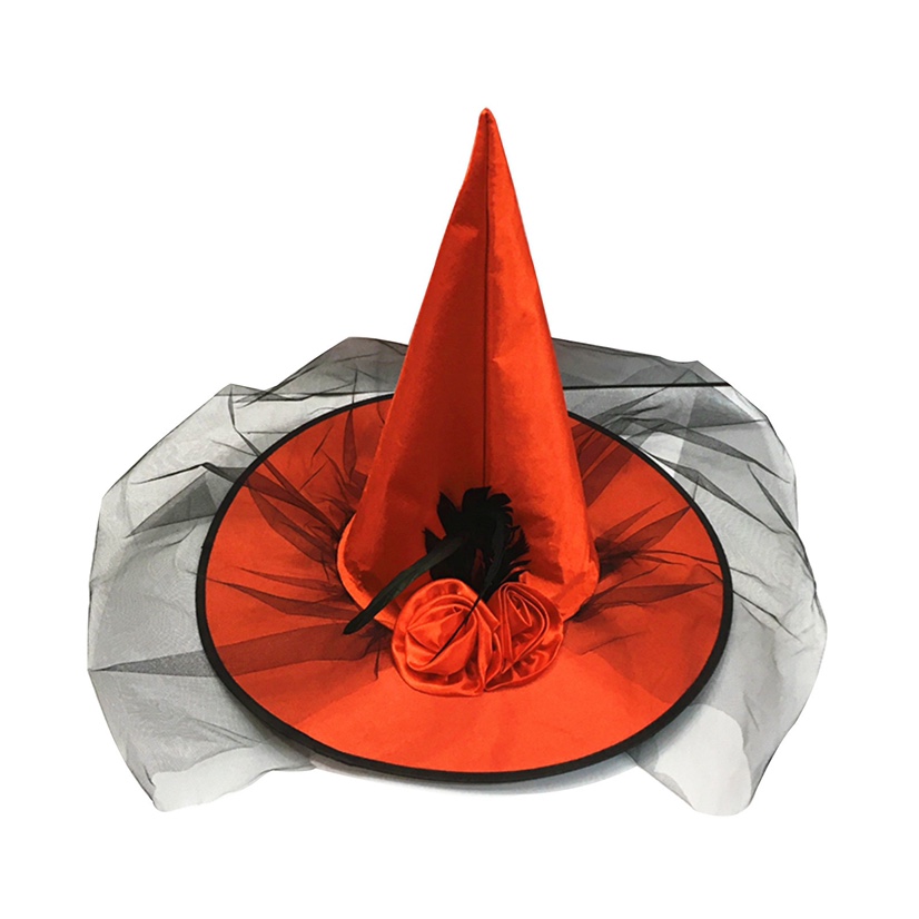 Halloween witch hat, adult masquerade party costume, feather rose, pointed witch hat, pumpkin hat props Specification image
