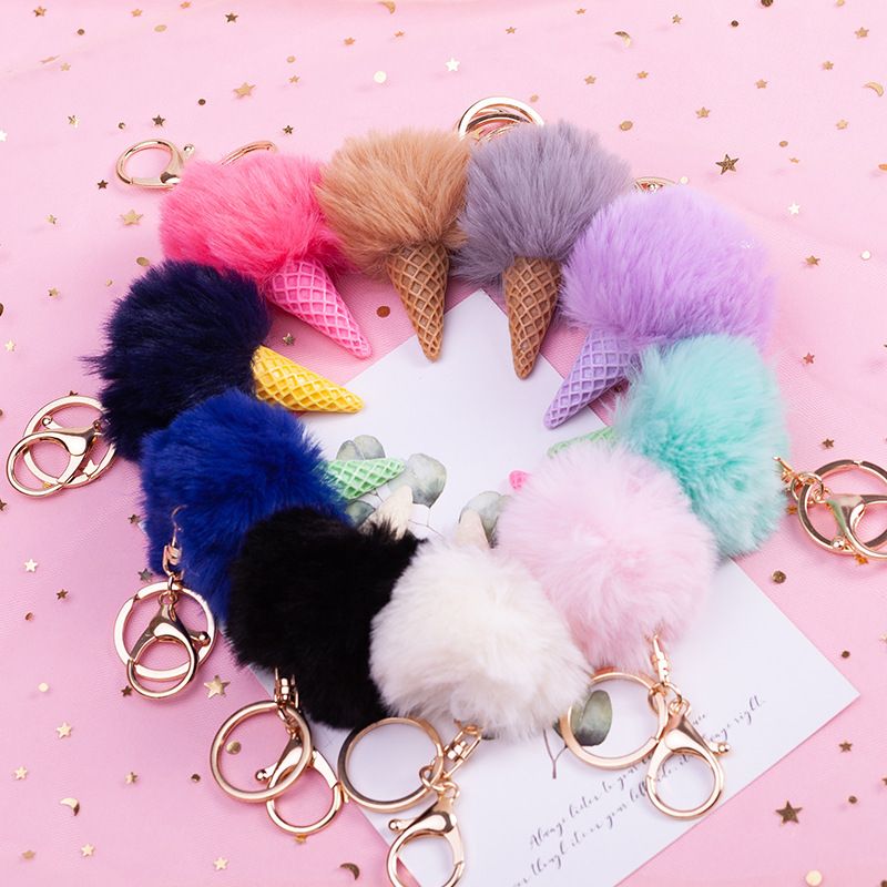 仿獭兔毛毛球钥匙扣 PU皮冰激凌钥匙扣挂件 情侣包包汽车钥匙挂饰