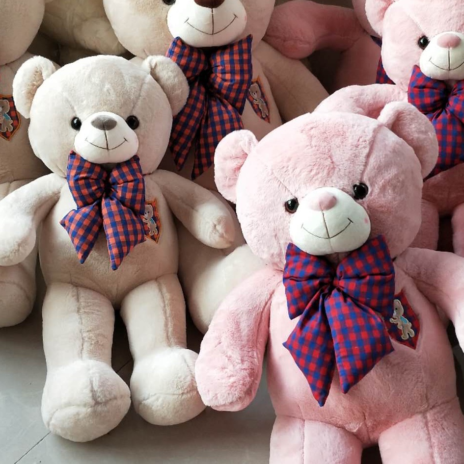 A checkered bow tie with a bear label