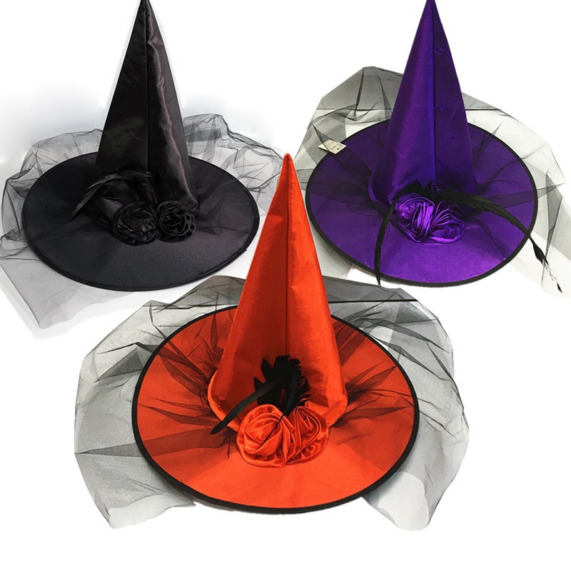 Halloween witch hat, adult masquerade party costume, feather rose, pointed witch hat, pumpkin hat props