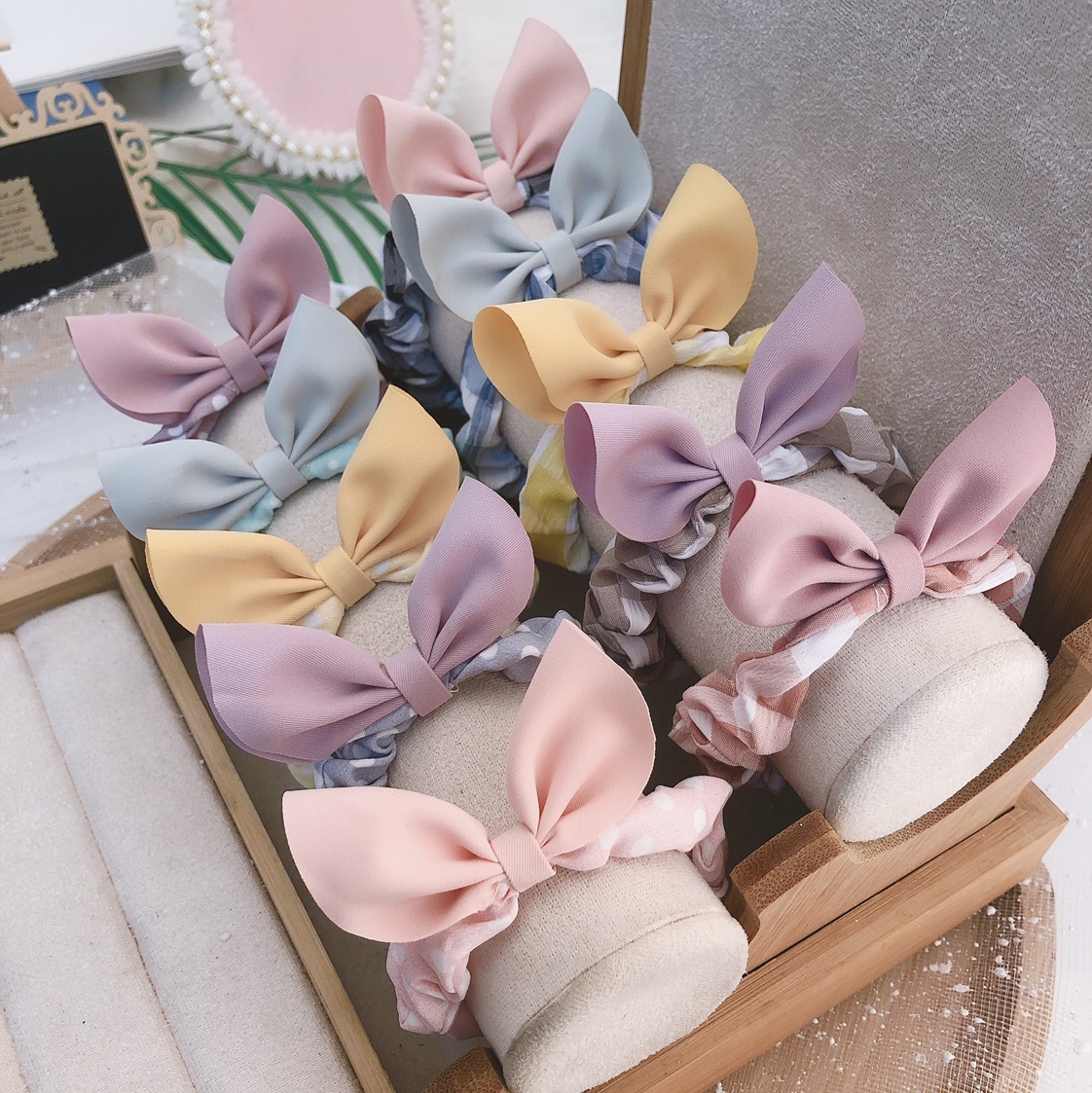 Cute Bunny Ear Scrunchie Multicolored Ruffled Ear Hair Tie Headpiece Girly Headtie details Picture