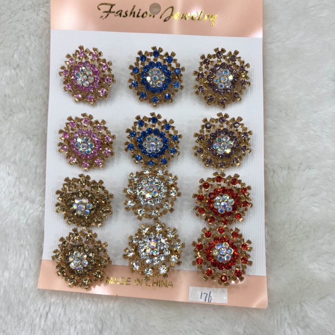 Rhinestone brooch 12 a card gold silver