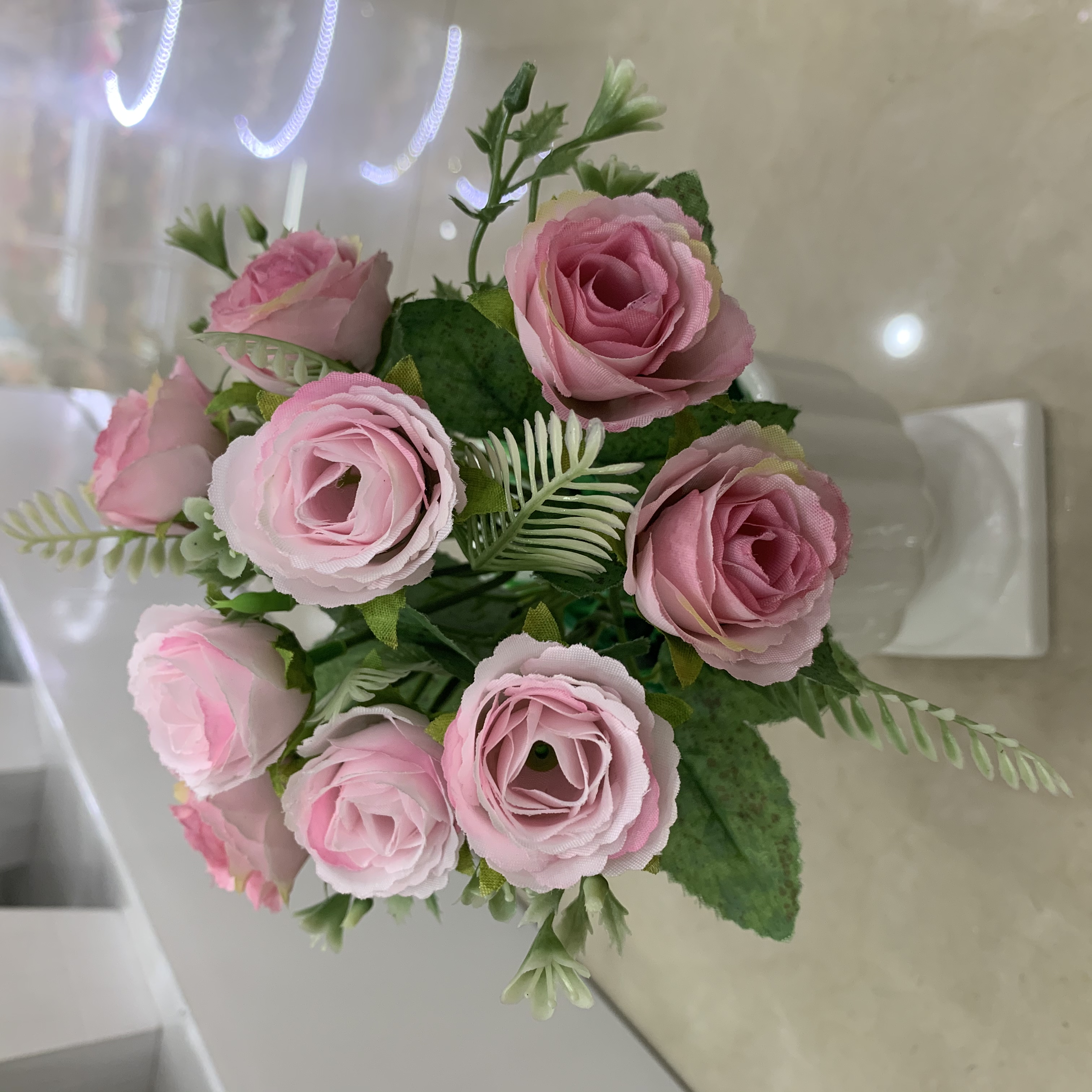 客厅仿真花假花茶几餐桌卧室装饰5叉嫩白包心玫批发详情图5