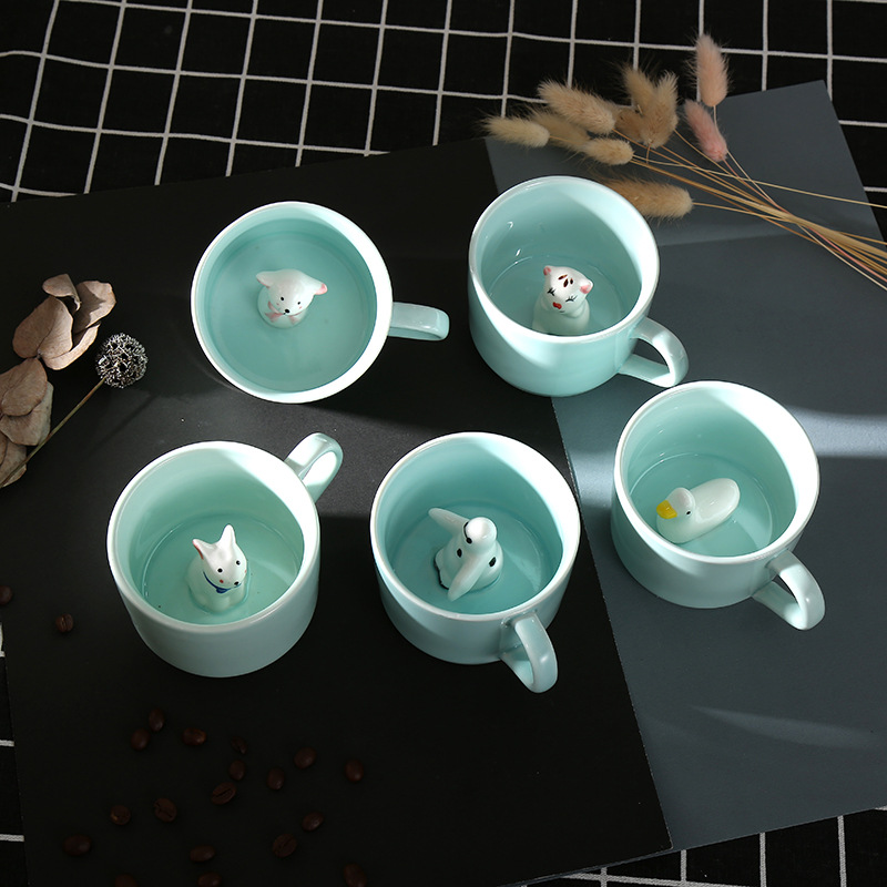 Creative covered ceramic mugs, cartoon three-dimensional cute animal coffee cups, cute women's customizable water cups details Picture