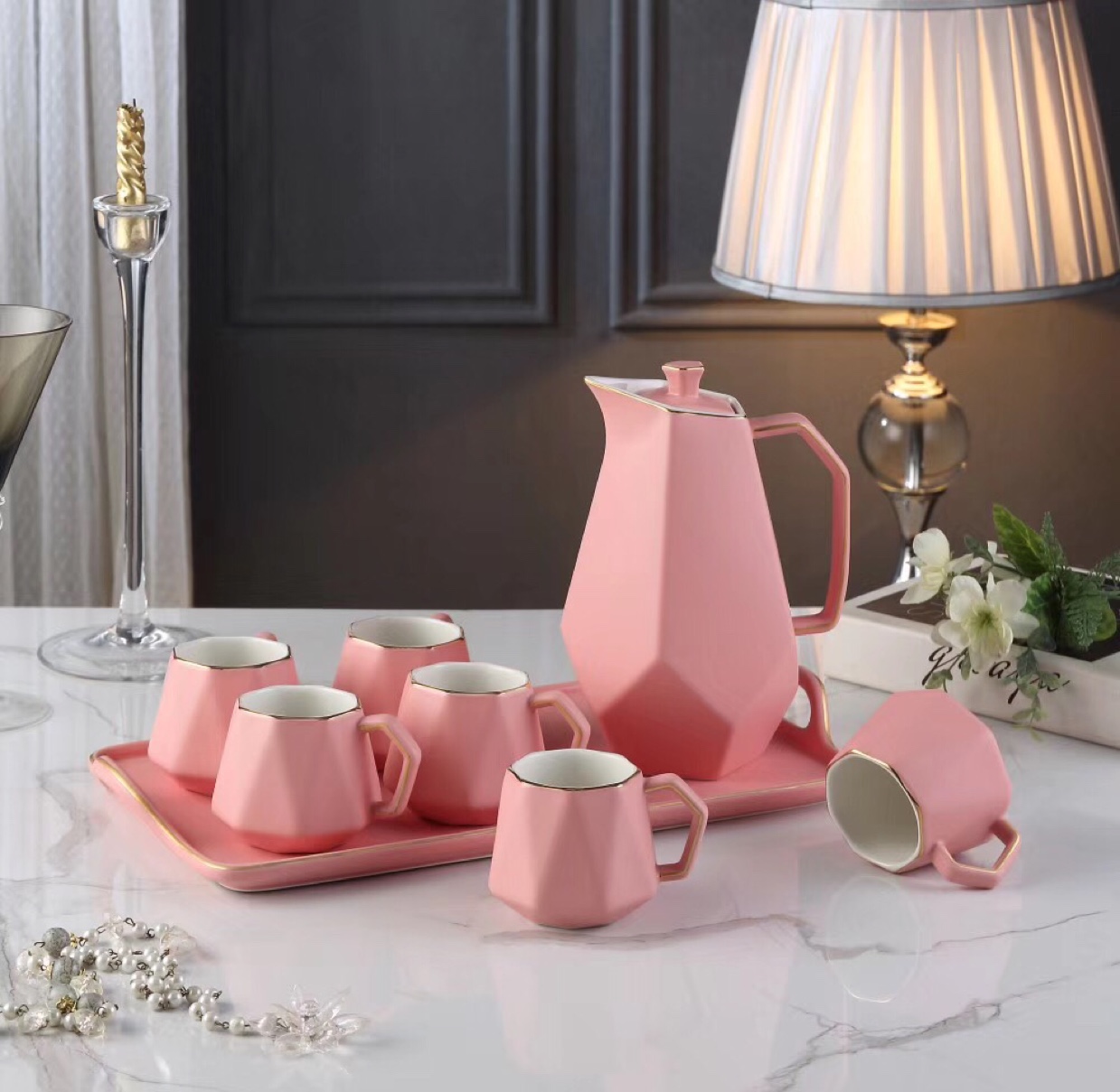 紫星陶瓷商行D区三楼3街7949店粉色描金8头茶具紫星029