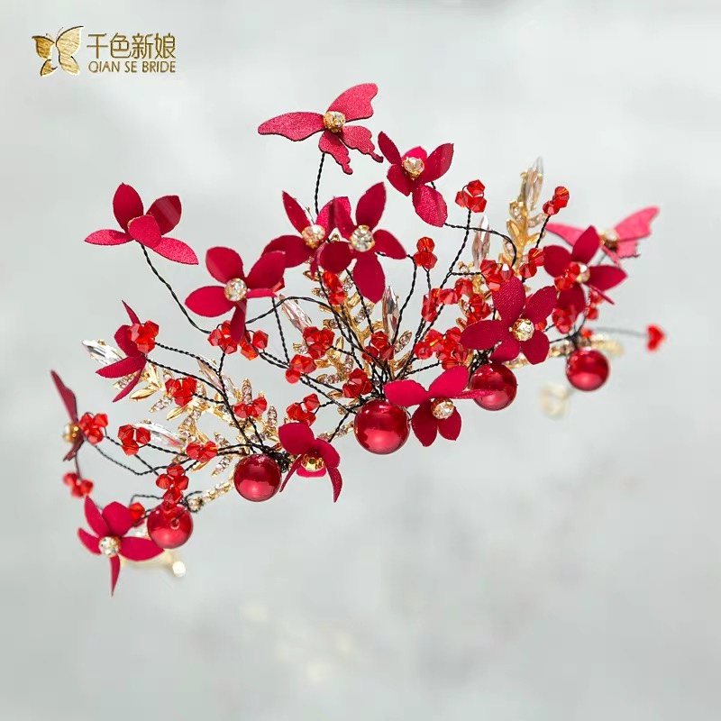 Bride Red Beautiful Handmade Crown Blush Beads Butterfly Romantic Rhinrhinide Korean Fashion Wedding Accessories Feather Butterfly Specification drawing