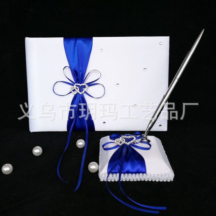 西式婚礼用品 蝴蝶结双心水钻签到本+ 笔座（含签到笔）两件套白底实物图