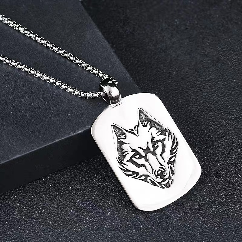 Wolf totem nameplate necklace, men's powerful military pendant, trendy hip-hop, European and American street decoration, custom photo engraving Specification drawing